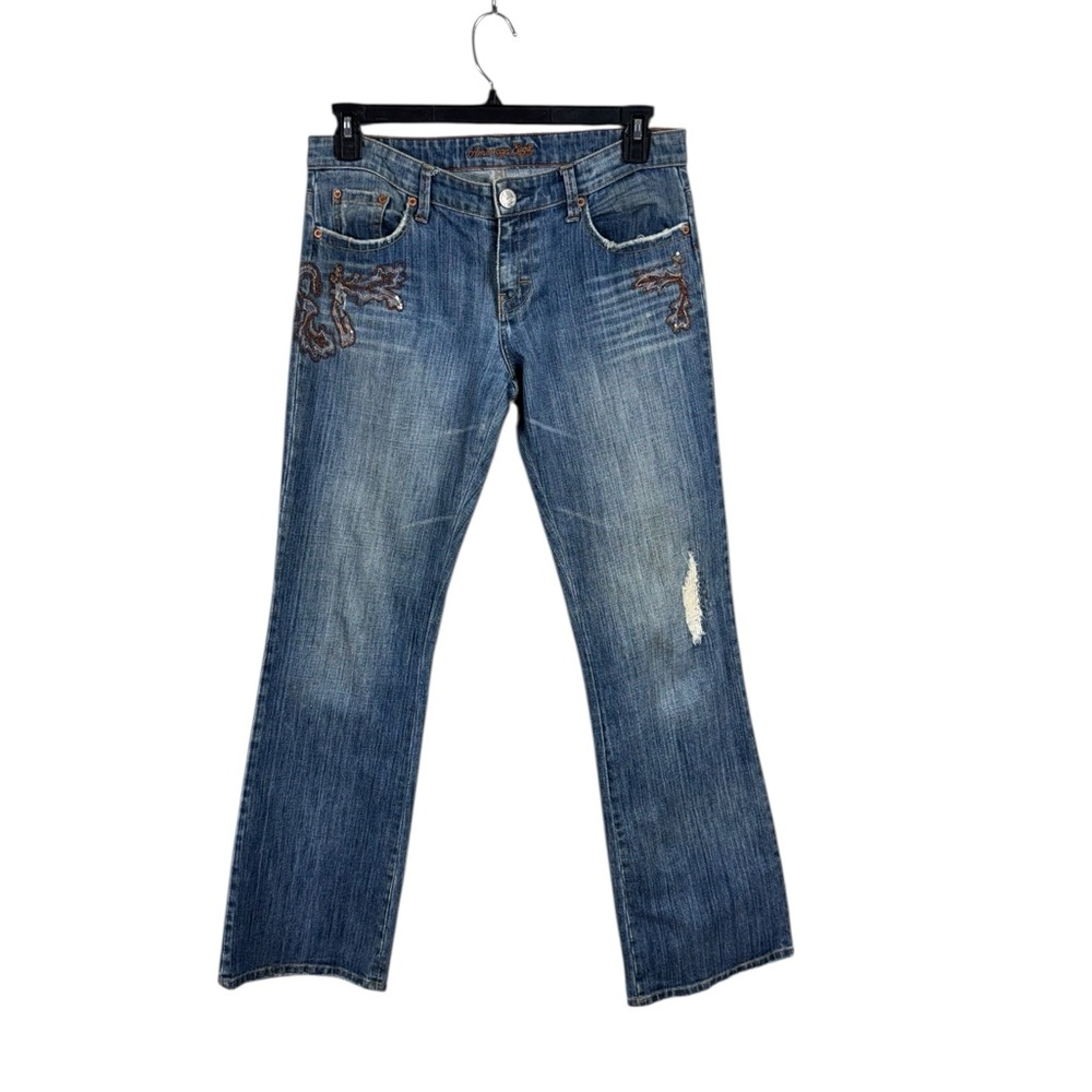 Vintage Y2K American Eagle Embroidered Flare Jeans Size 8‎ Low Rise Hippie Boho